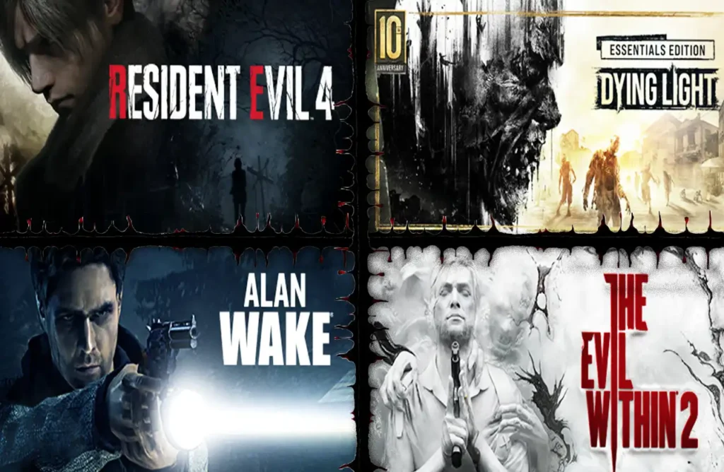 Collage of game covers for Resident Evil 4, Dying Light, Alan Wake, and The Evil Within 2.