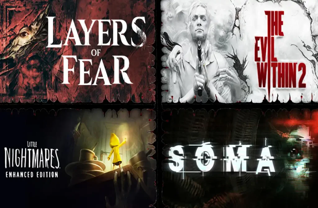 Collage of horror game covers for Layers of Fear, The Evil Within 2, Little Nightmares, and SOMA.