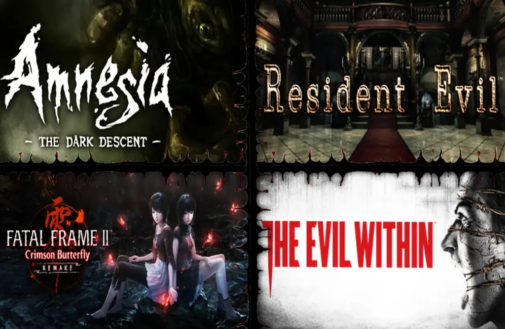 Grid of four video games: Amnesia: The Dark Descent, Resident Evil, Fatal Frame II, and The Evil Within.