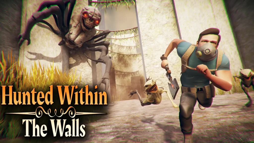 A character in a gas mask runs from a giant skull-faced spider and minions in a grassy area, with text "Hunted Within The Walls."