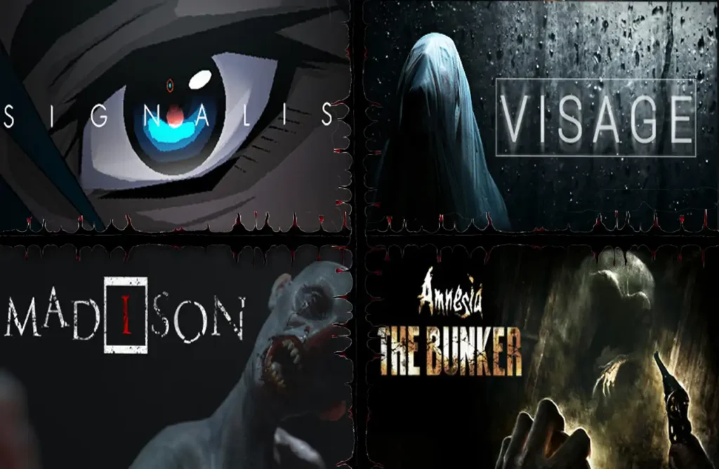 A collage of four horror game covers: Signalis, Visage, Madison, and Amnesia: The Bunker.