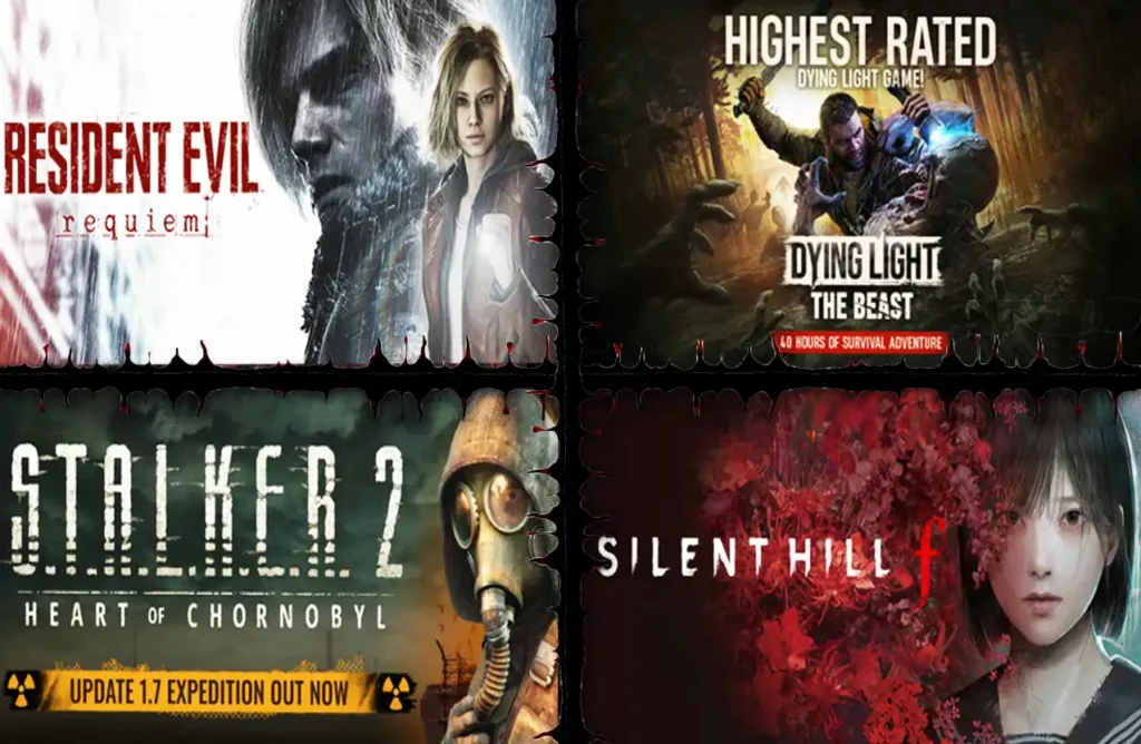 A collage of four game covers: Resident Evil, Dying Light: The Beast, S.T.A.L.K.E.R. 2, and Silent Hill f.