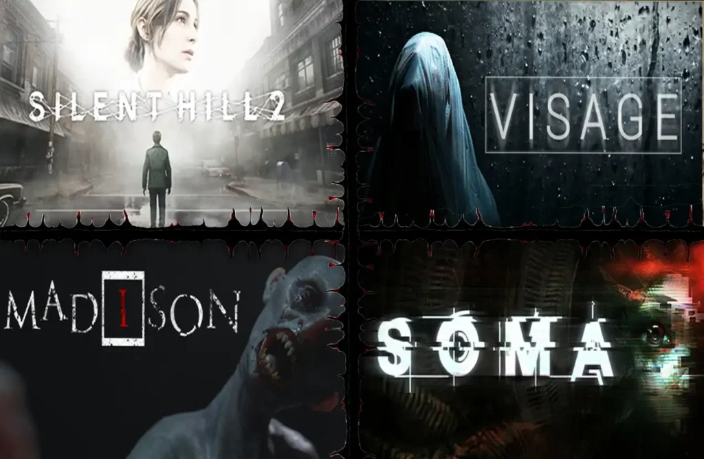 A collage of four video game covers: Silent Hill 2, Visage, Madison, and SOMA.