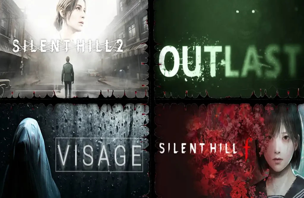 A four-panel grid featuring cover art for Silent Hill 2, Outlast, Visage, and Silent Hill f.