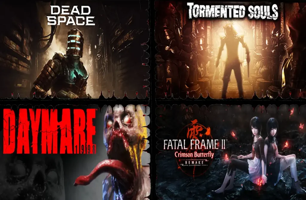 A grid of four horror game covers: Dead Space, Tormented Souls, Daymare 1998, and Fatal Frame II: Crimson Butterfly.