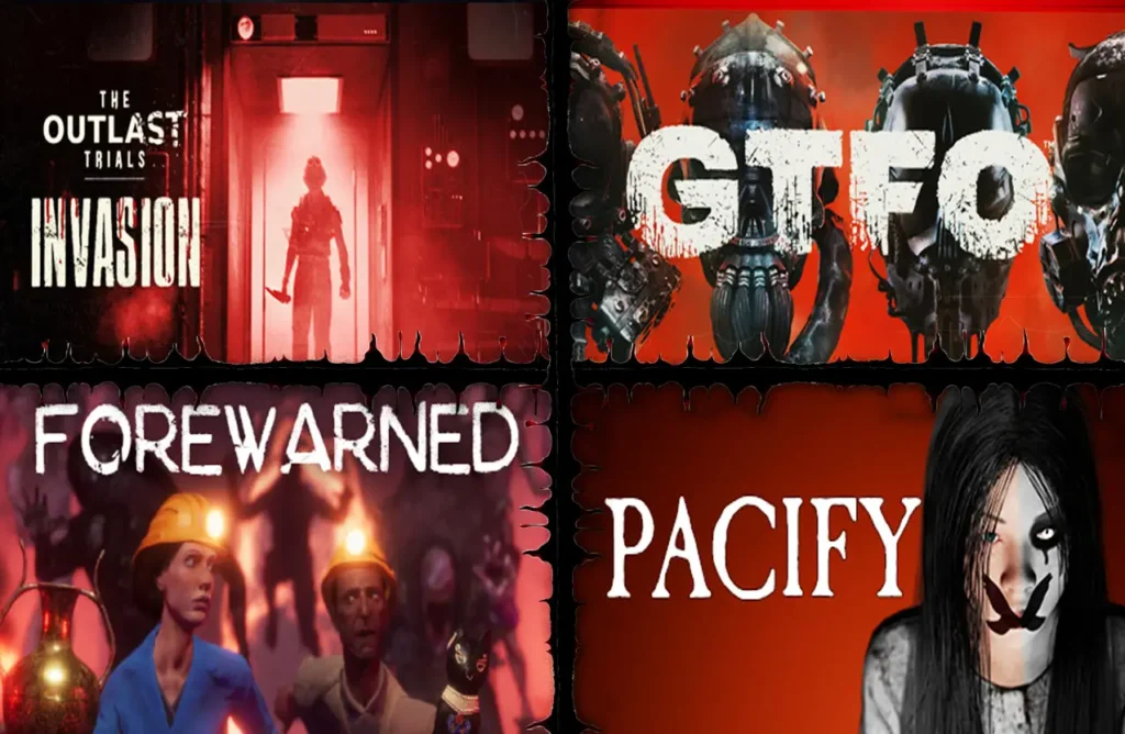 A collage of four game banners: The Outlast Trials, GTFO, Forewarned, and Pacify.