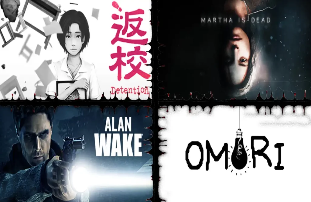 A collage of four video game covers: Detention, Martha Is Dead, Alan Wake, and Omori.