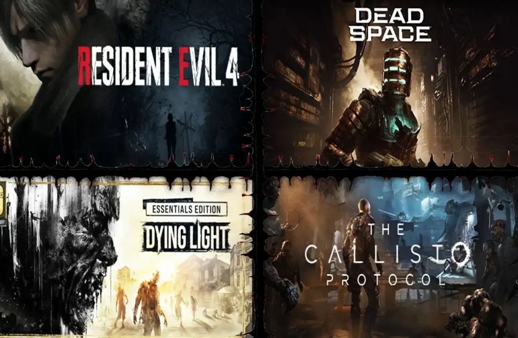 A collage of four video game covers: Resident Evil 4, Dead Space, Dying Light, and The Callisto Protocol.