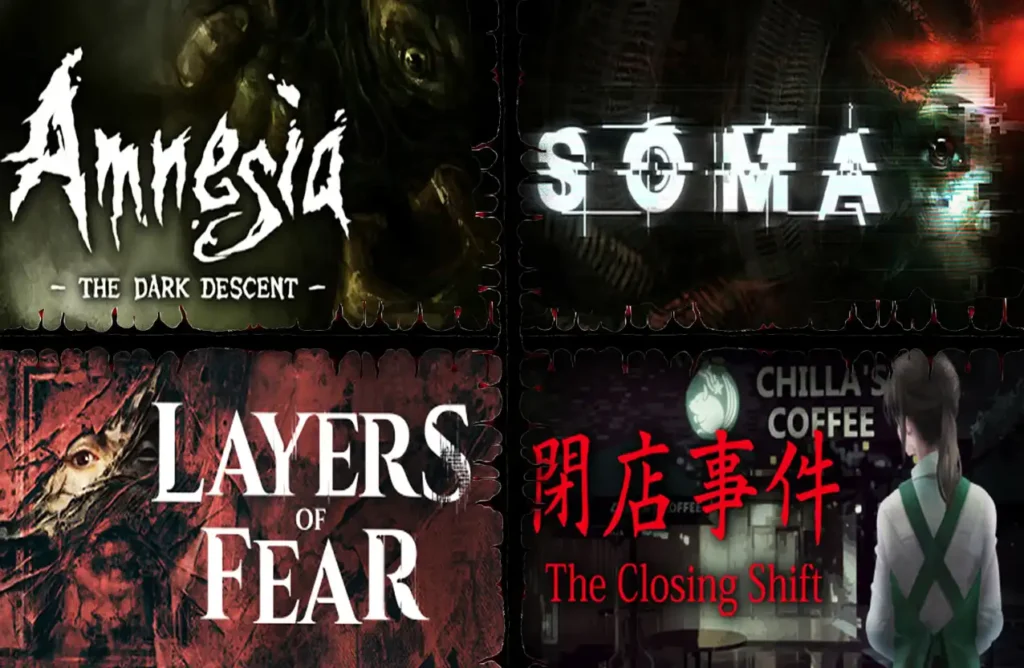 A four-panel grid featuring cover art for Amnesia: The Dark Descent, SOMA, Layers of Fear, and The Closing Shift.