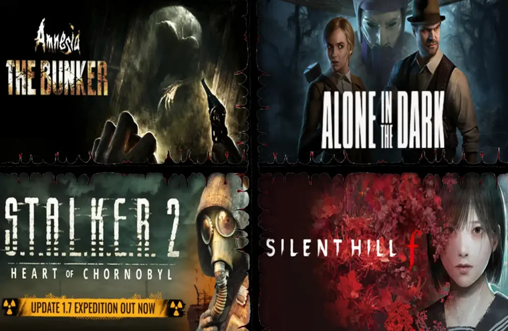 A grid of four horror game covers: Amnesia: The Bunker, Alone in the Dark, S.T.A.L.K.E.R. 2, and Silent Hill f.