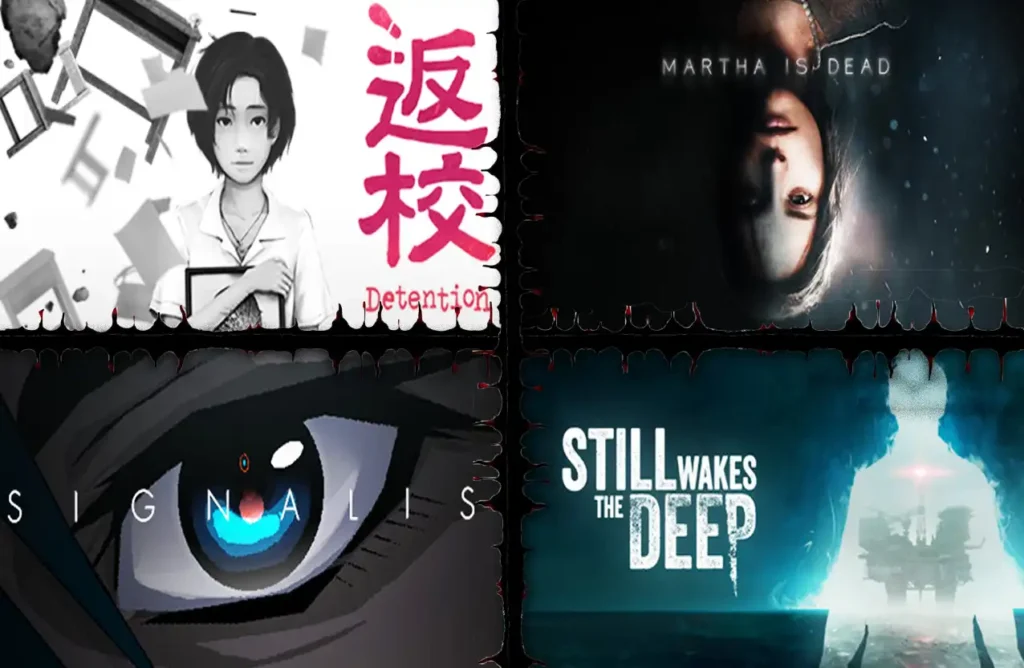 A collage of four video game covers: Detention, Martha Is Dead, Signalis, and Still Wakes the Deep.