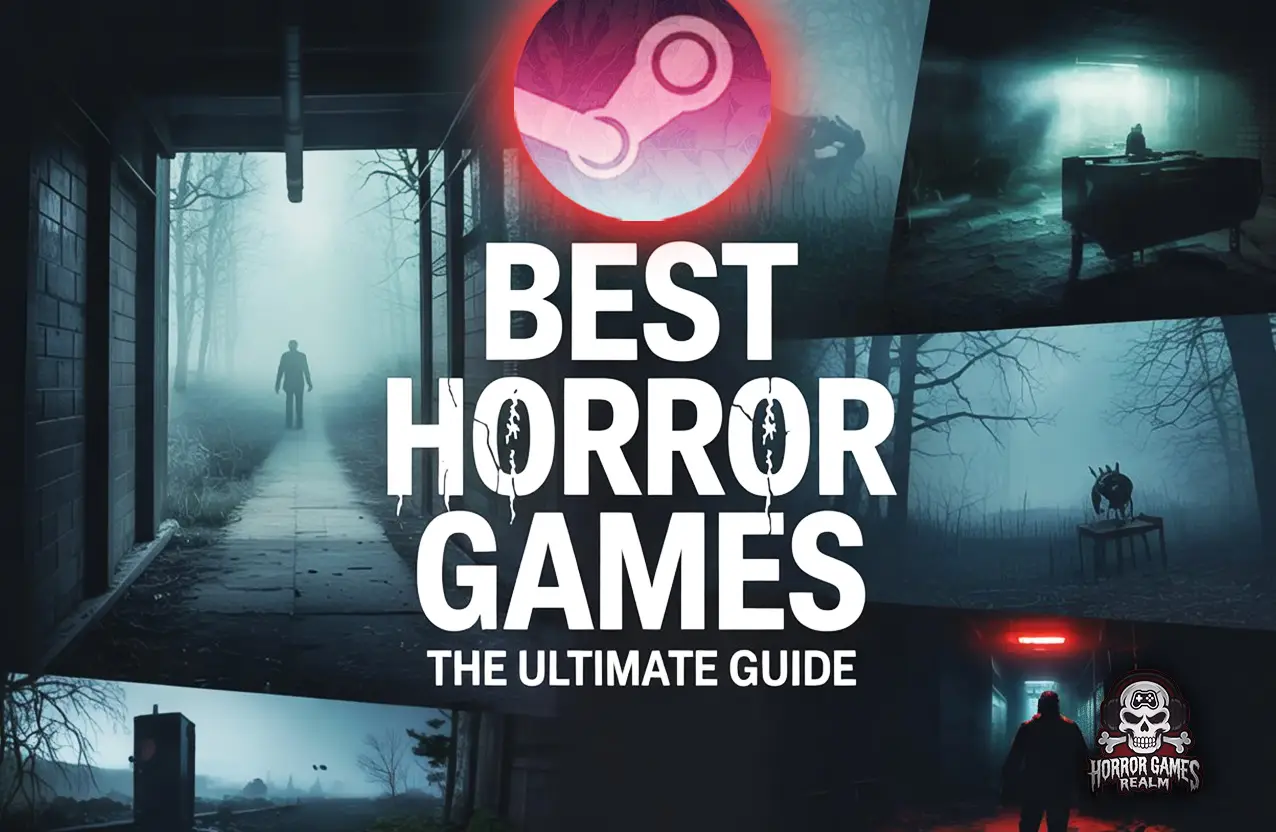Promotional graphic featuring a spooky, fog-covered hallway with a silhouette figure, a Steam logo, and large white text reading "Best Horror Games: The Ultimate Guide.