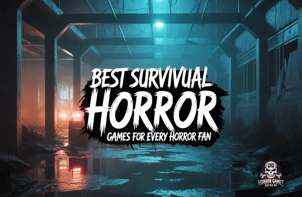 An abandoned, wet industrial corridor with red lights, overlaid with text reading "Best Survival Horror Games For Every Horror Fan.