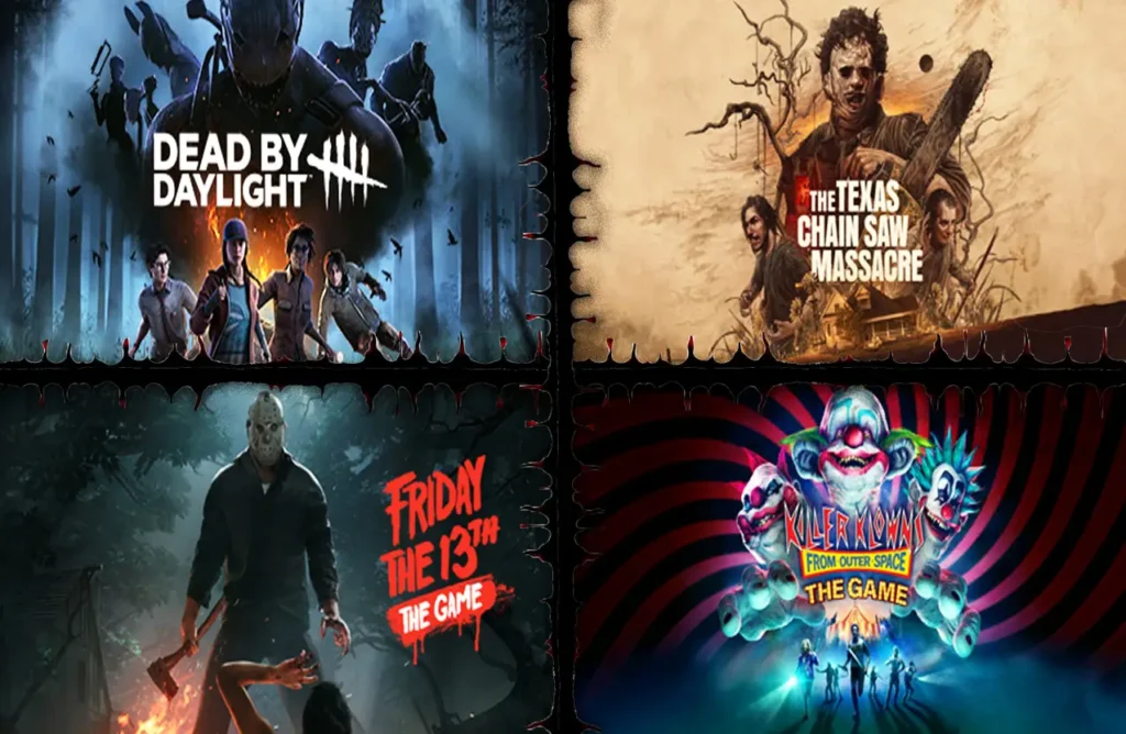 A four-panel collage of horror game covers: Dead by Daylight, The Texas Chain Saw Massacre, Friday the 13th: The Game, and Killer Klowns from Outer Space: The Game.
