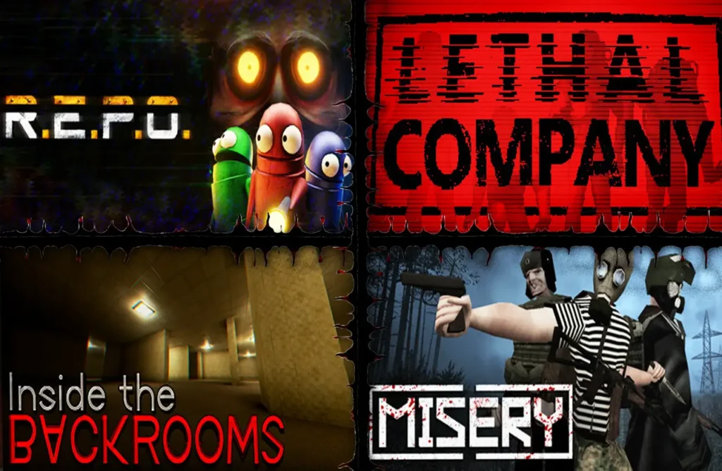 A 2x2 grid of horror game thumbnails showing R.E.P.O., Lethal Company, Inside the Backrooms, and Misery.