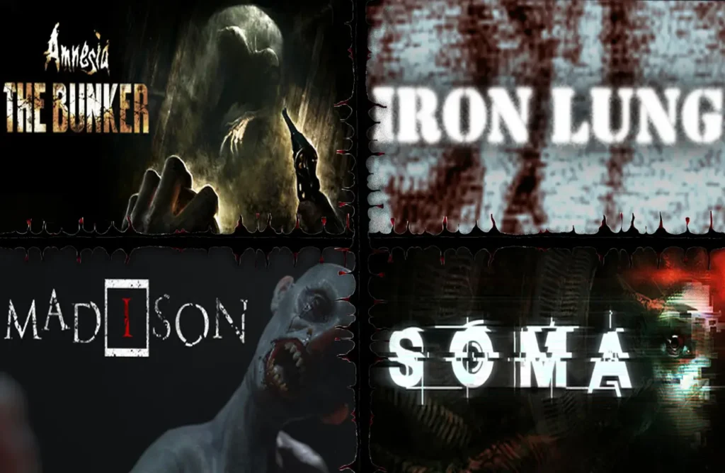 A grid of four horror game covers: Amnesia: The Bunker, Iron Lung, MADiSON, and SOMA.