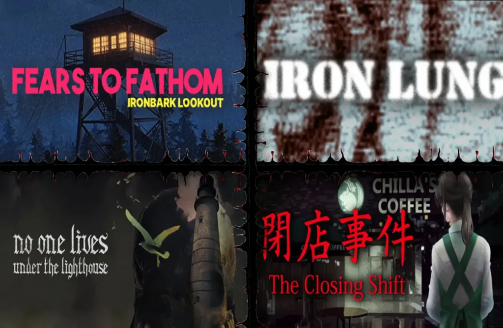 A grid collage showing cover art for four horror games: "Fears to Fathom: Ironbark Lookout," "Iron Lung," "No One Lives Under the Lighthouse," and "The Closing Shift.