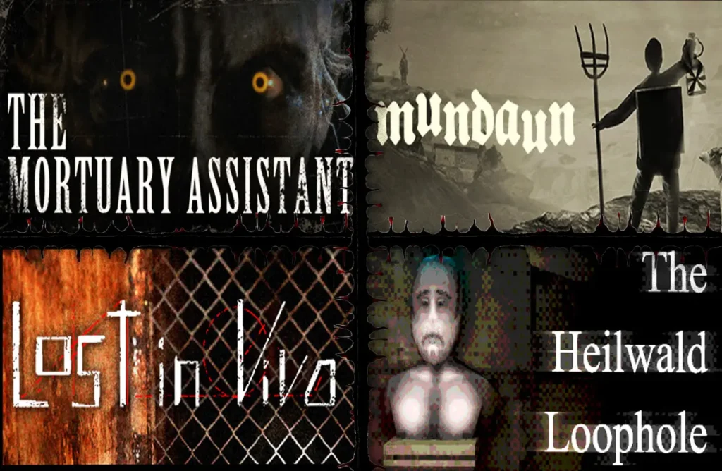 A collage of four indie horror game covers: The Mortuary Assistant, Mundaun, Lost in Vivo, and The Heilwald Loophole.