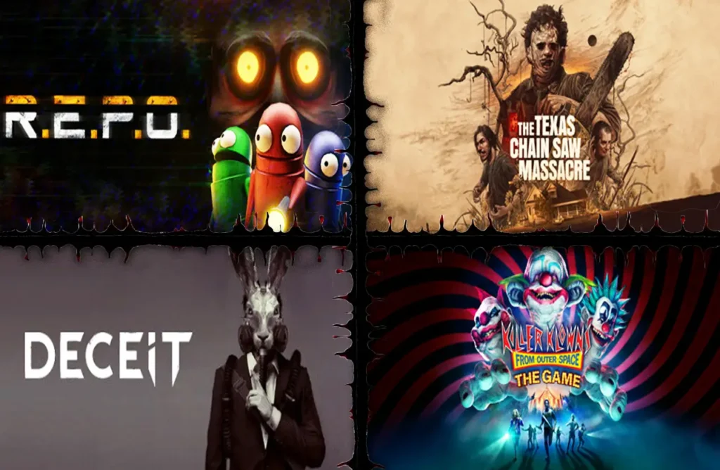 A grid of horror game posters featuring R.E.P.O. with robot characters, The Texas Chain Saw Massacre with Leatherface, Deceit with a rabbit-masked figure, and Killer Klowns From Outer Space.