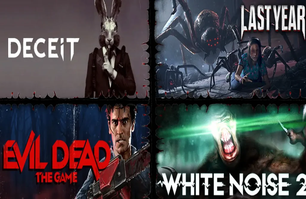 A four-panel collage of horror game covers: Deceit, Last Year, Evil Dead: The Game, and White Noise 2.