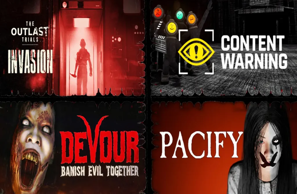 A 2x2 grid of horror game thumbnails showing The Outlast Trials, Content Warning, Devour, and Pacify.