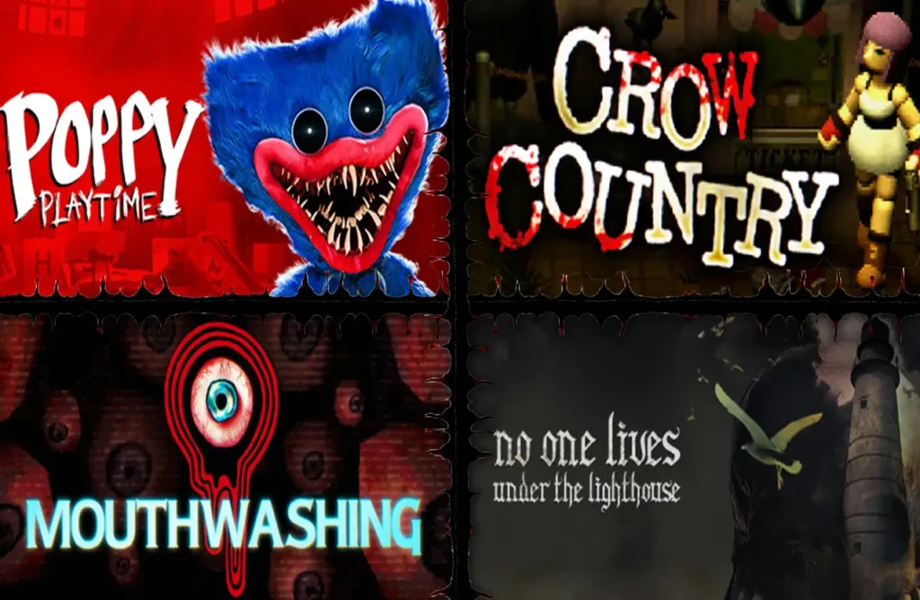  A grid of four horror game covers: Poppy Playtime, Crow Country, Mouthwashing, and No One Lives Under the Lighthouse.