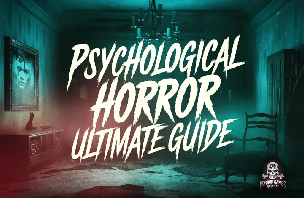 A creepy room with teal lighting, a chandelier, and a disturbing painting, with text reading "Psychological Horror Ultimate Guide