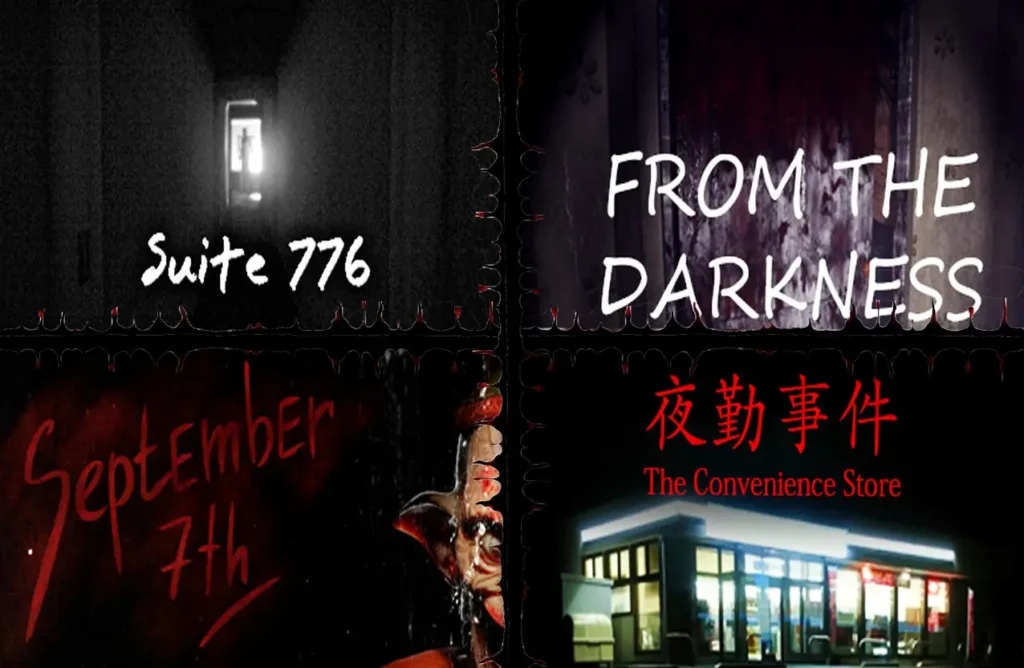 A grid collage showing cover art for four horror games: "Suite 776," "From The Darkness," "September 7th," and "The Convenience Store.
