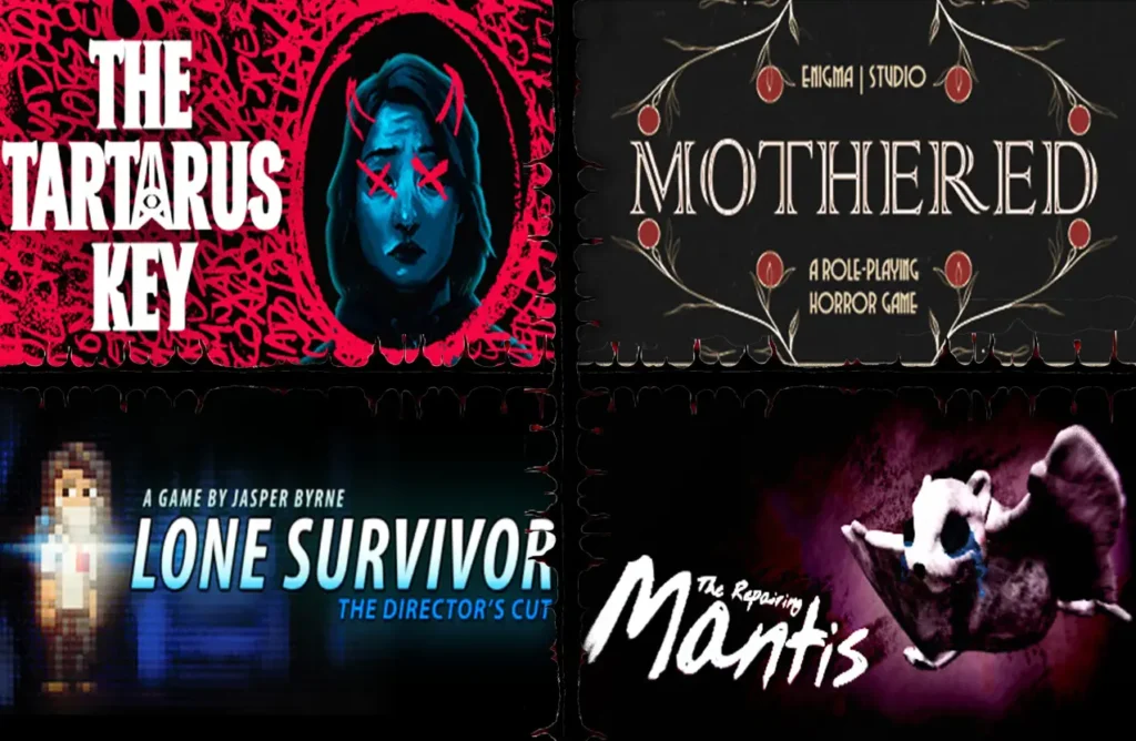 A collage of four indie horror game covers: The Tartarus Key, Mothered, Lone Survivor: The Director's Cut, and The Repairing Mantis.