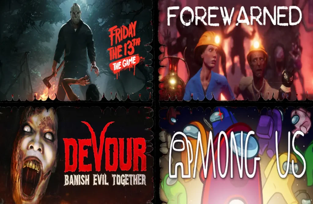 Game art for Friday the 13th: The Game featuring Jason Voorhees, Forewarned showing explorers, Devour displaying a possessed face, and Among Us with colorful crewmates.