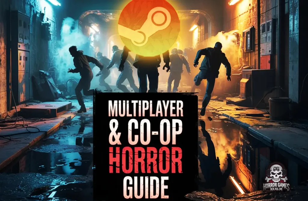 A group of survivors running through a tunnel away from zombies, with a Steam logo and text reading "Multiplayer & Co-op Horror Guide.