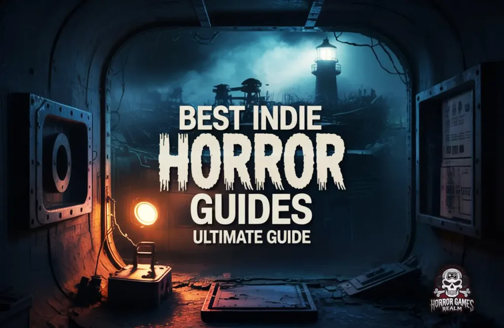 A dark, blue-toned graphic viewing a lighthouse through a bunker window, with text reading "Best Indie Horror Guides: Ultimate Guide.